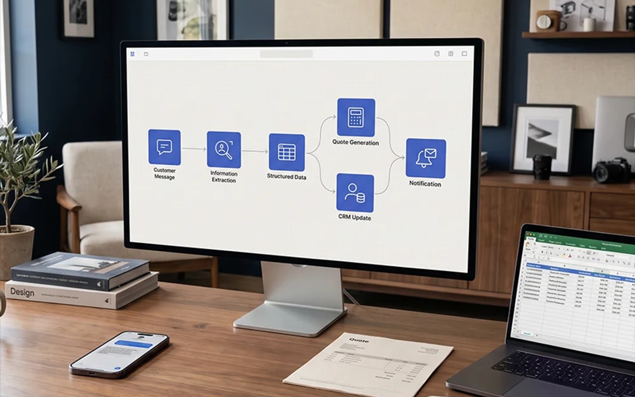 Flux d’automatisation connectant la demande client à la génération de devis et au CRM