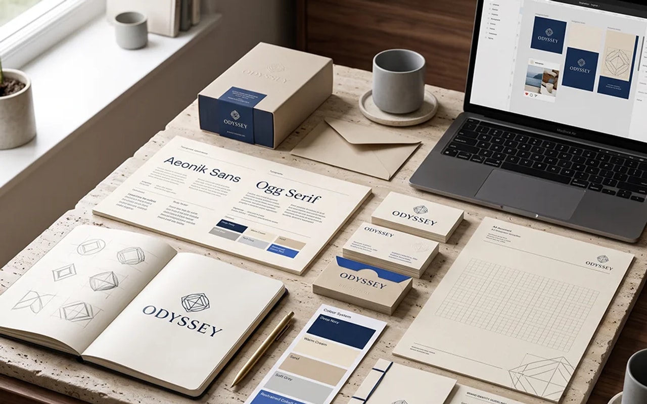 Système d’identité visuelle avec typographie, nuancier, papeterie et packaging