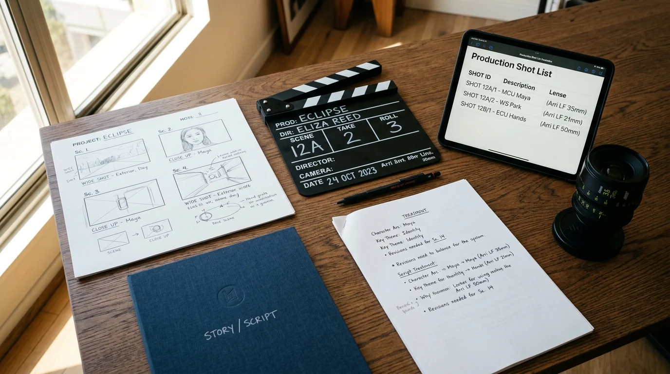 Table de pré-production avec storyboard dessiné, shot list sur tablette et clap