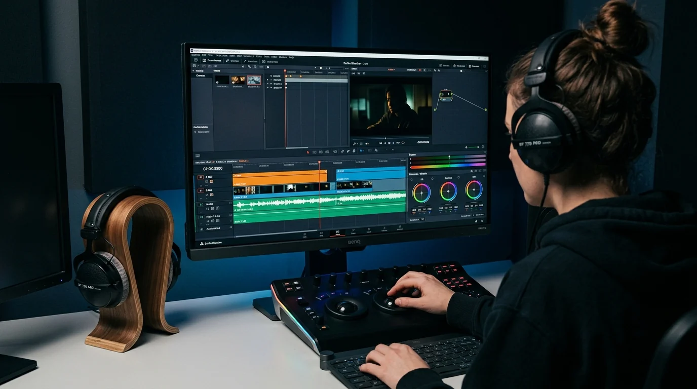 Monteur professionnel réalisant l’étalonnage colorimétrique dans DaVinci Resolve