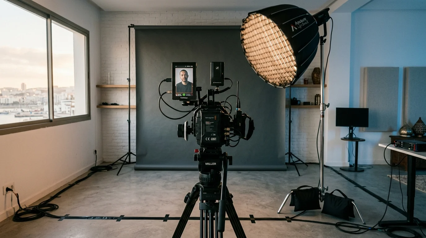 Plateau de tournage studio avec caméra cinéma et éclairage boîte à lumière