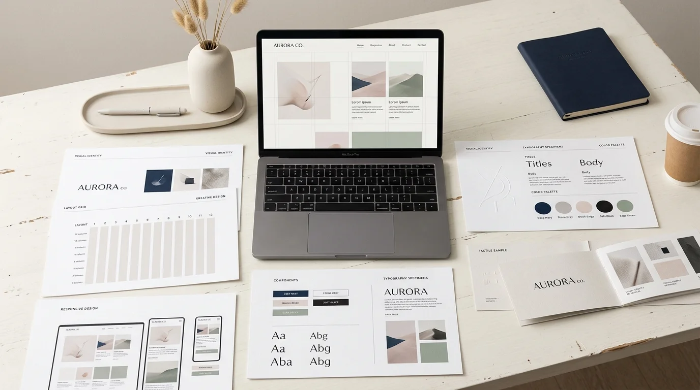 Editorial website design presentation showing curated artboards, typography specimens, color swatches and layout grids