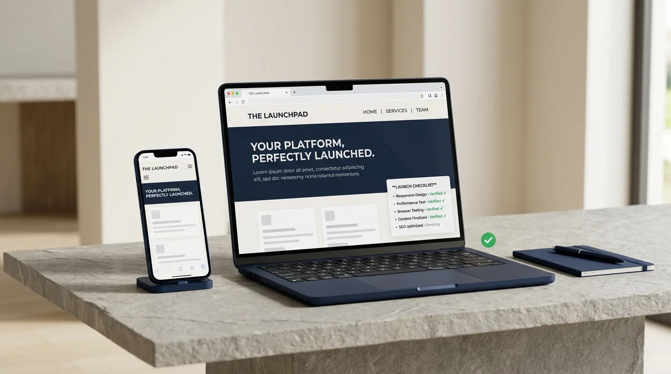 Polished quality assurance preview displaying responsive website layouts on laptop and mobile with verified launch checklist